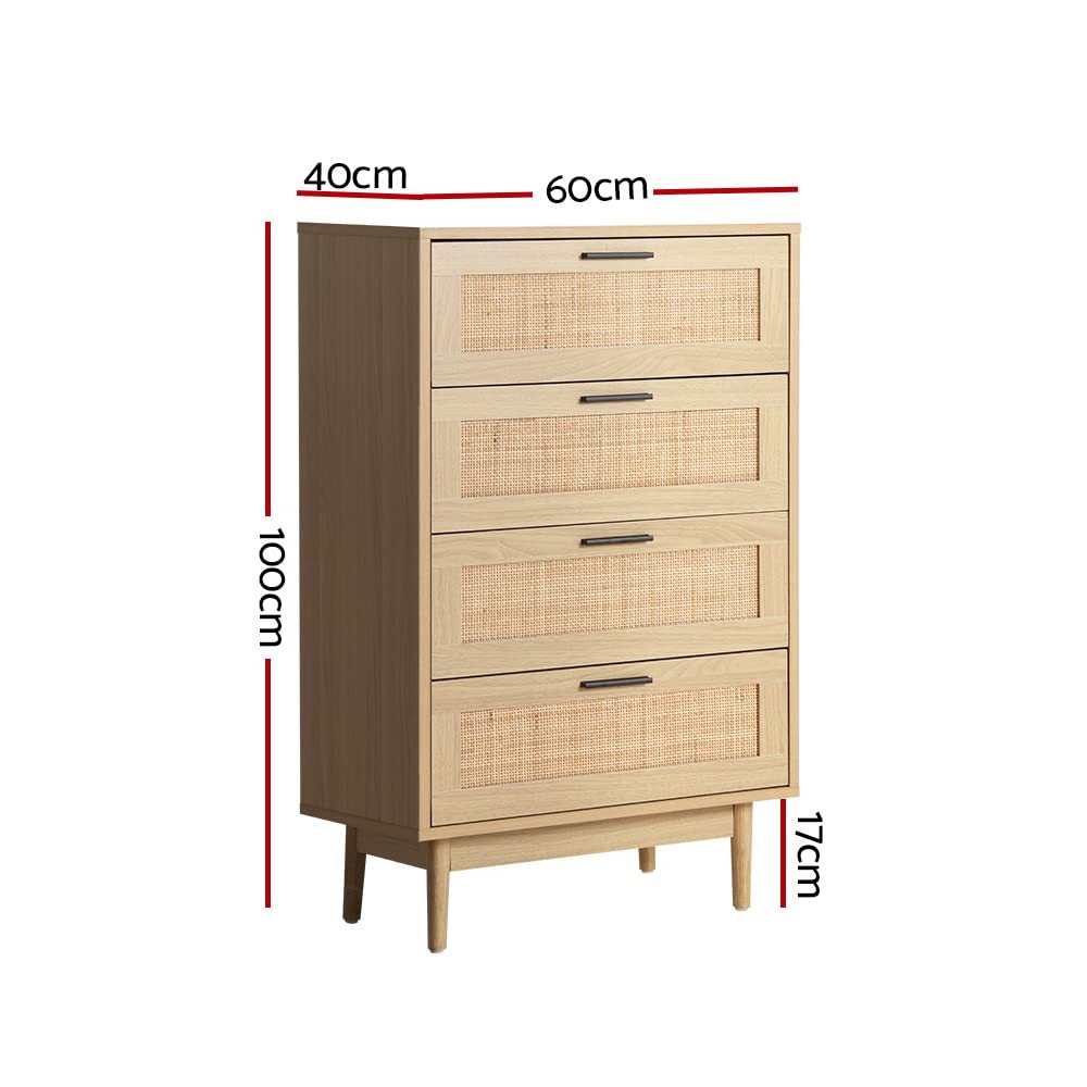 Chest of Drawers 4 Drawer Rattan Tallboy, Dresser Clothes Storage Cabinet Organizer Lowboy Bedside Table Bedroom Furniture Home Living Room Hallway Entryway