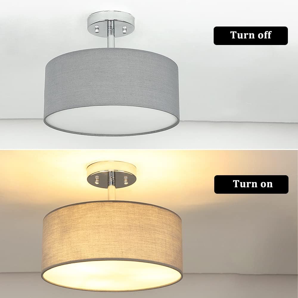 Modern Semi Flush Ceiling Light Fixture, 3-Light Fabric Ceiling Drum Lights for Bedroom, E27 Entry Light Fixtures Ceiling Hanging for Dining Room Kitchen Hallway Foyer Living Room, Grey Finish