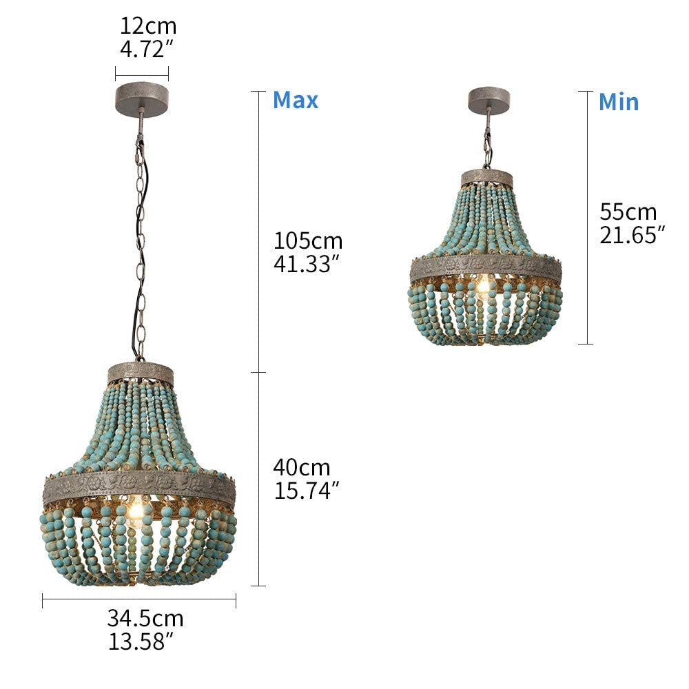 Wood Bead Chandelier Pendant Lights Gray Blue Finishing Retro Vintage Antique Rustic Kitchen Ceiling Lamp Light Fixtures (Grey Blue)