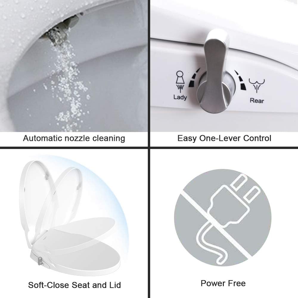 Non Electric Bidet Seat Toilet Seat with Self Cleaning Dual Nozzles Separated Rear & Feminine Cleaning Natural Water Spray, Soft Closed Toilet Seat, Easy DIY Installation (D Shape)