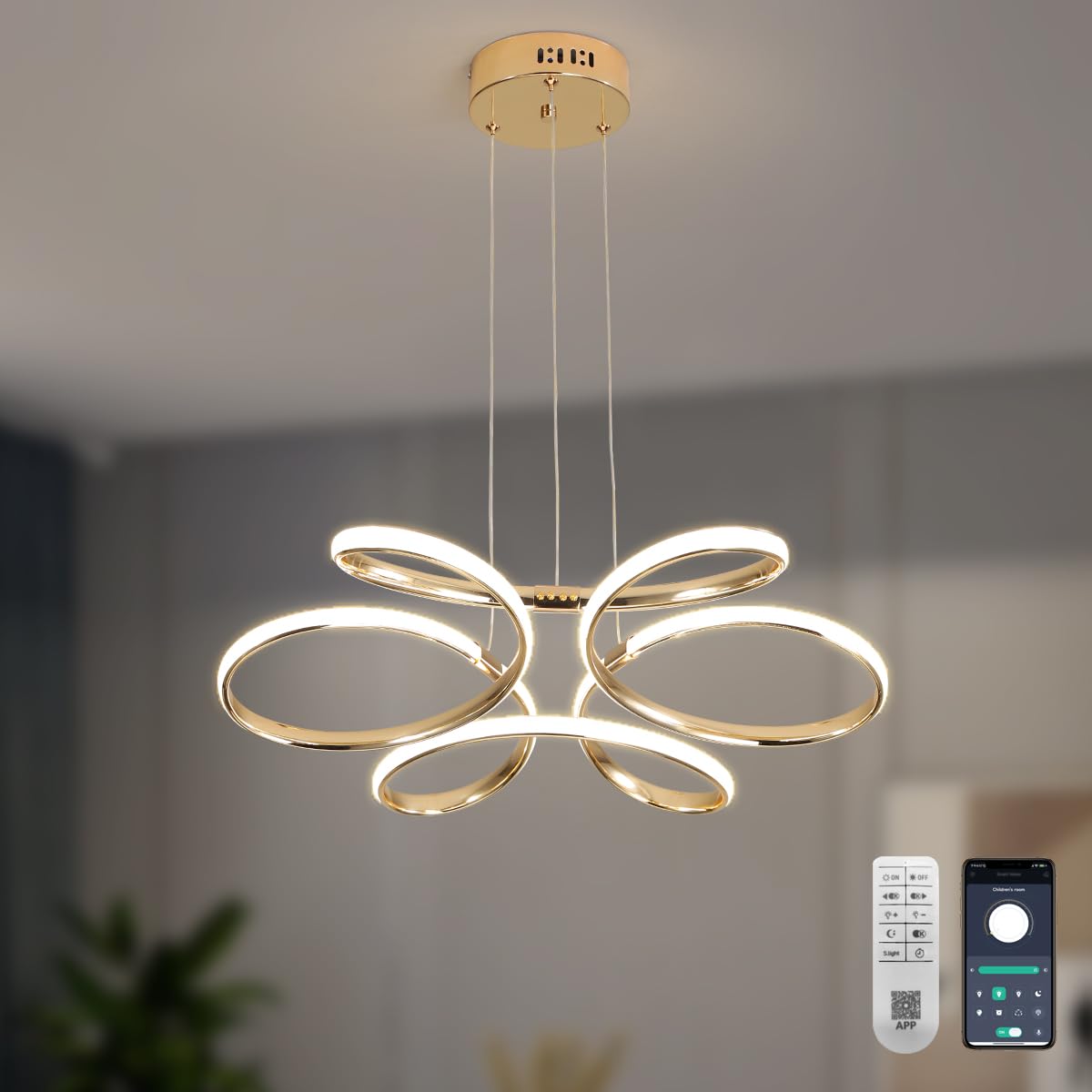 Modern LED Dimmable Pendant Lamp with Remote, Flower Shape Chandelier, Adjustable Height Hanging Light Fixture for Living Room Dining Room Bedroom Kitchen Decorative Lamp (A - Gold)