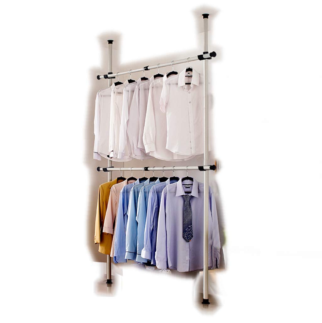 Portable Indoor Garment Rack Tools Free DIY Coat Hanger Clothes Wardrobe 2 Poles 2 Bars. Heavy Duty Stainless Steel Poles and Bars. 60kg Loading per Horizontal Bar. Free Reach Hook Included.[3202]