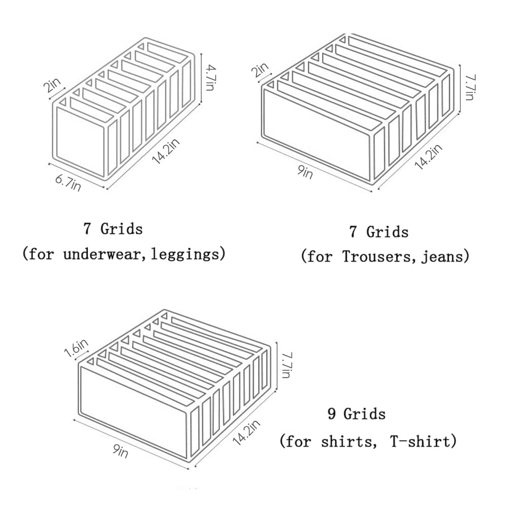 Wardrobe Clothes Organizer,3 Pcs 7+7+9 Grids Washable Clothes Storage for Folded Jeans Shirts,1 Small+1 Middle+1 Large Foldable Drawer Clothes Compartment Storage Box for Adults Underwear Pants