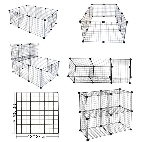 16pcs Metal Wire Storage Cubes Organizer, DIY Small Animal Cage Rabbit, Guinea Pigs, Puppy | Pet Products Portable Metal Wire Yard Fence (Black, 16 Panels)