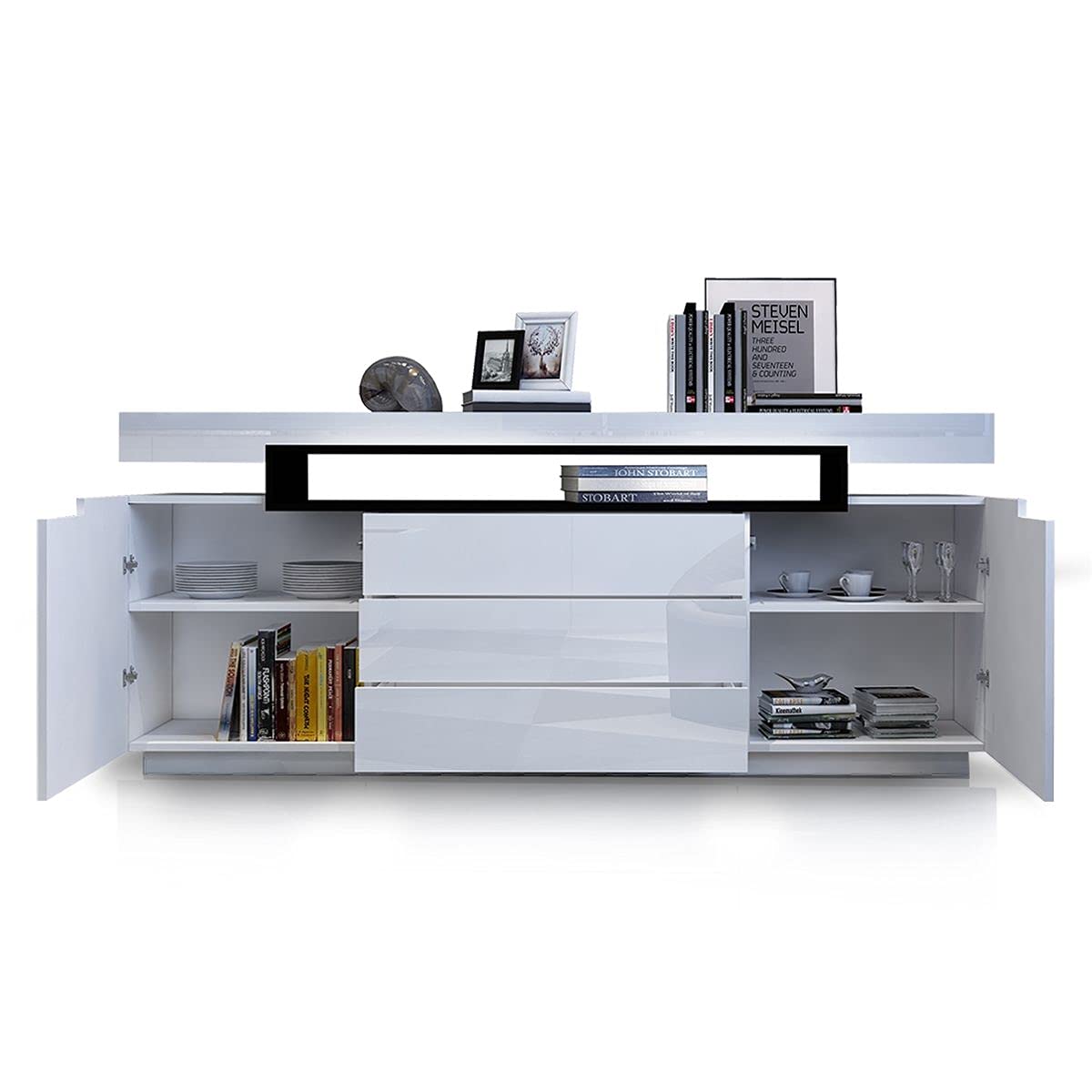 Buffet Sideboard Cabinet Storage High Gloss Front with 2 Doors & 3 Drawers Bedroom Living Room Furniture White 160CM