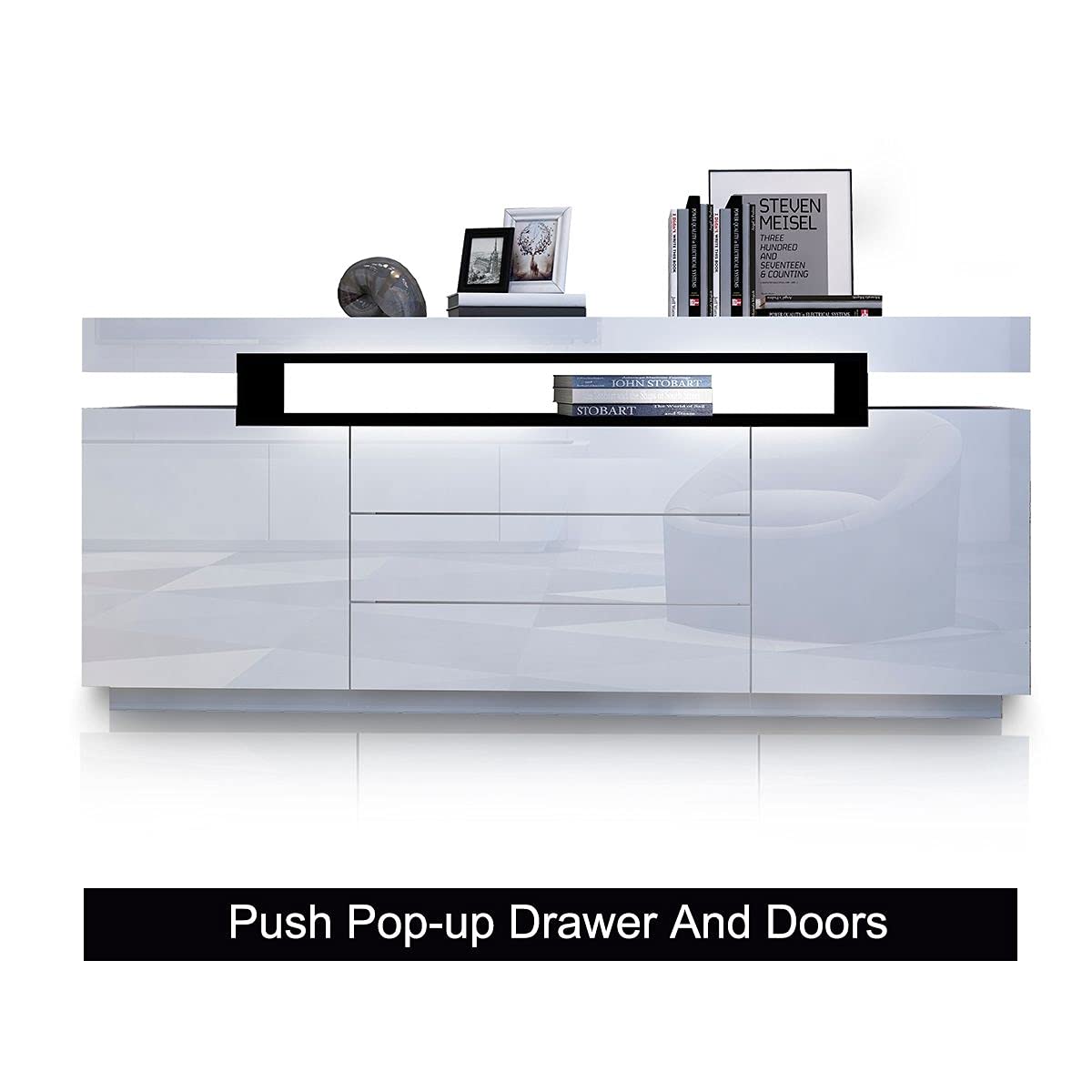 Buffet Sideboard Cabinet Storage High Gloss Front with 2 Doors & 3 Drawers Bedroom Living Room Furniture White 160CM