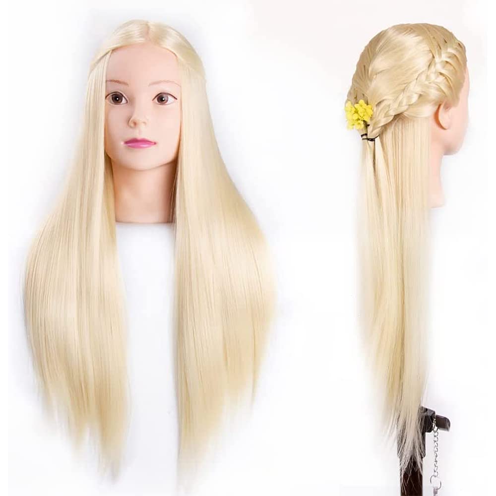 26"-28" Mannequin Head Hair Styling Training Head Manikin Cosmetology Doll Head Synthetic Fiber Hair and Free Clamp Holder (Blonde）