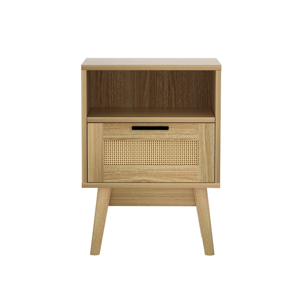 Bedside Table Rattan Bed Side Tables Storage Small Narrow Desk Chest of Drawers, with 1 Drawer and Shelf, Bedroom Furniture Tallboy Lamp Stand Nightstand Cabinet in 54cm Height