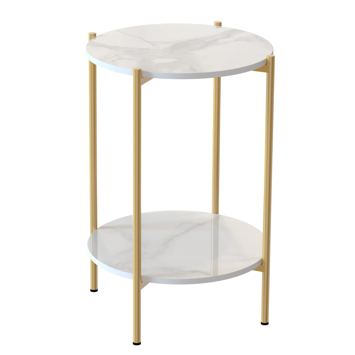 Marble Top Side Table Gold: 2 Tier Round Shape End Tables 40.5 x 55cm Sintered Stone Bedsides with Metal Golden Legs Modern White Nightstand Circular Sofa Corner Table for Living Room Reception