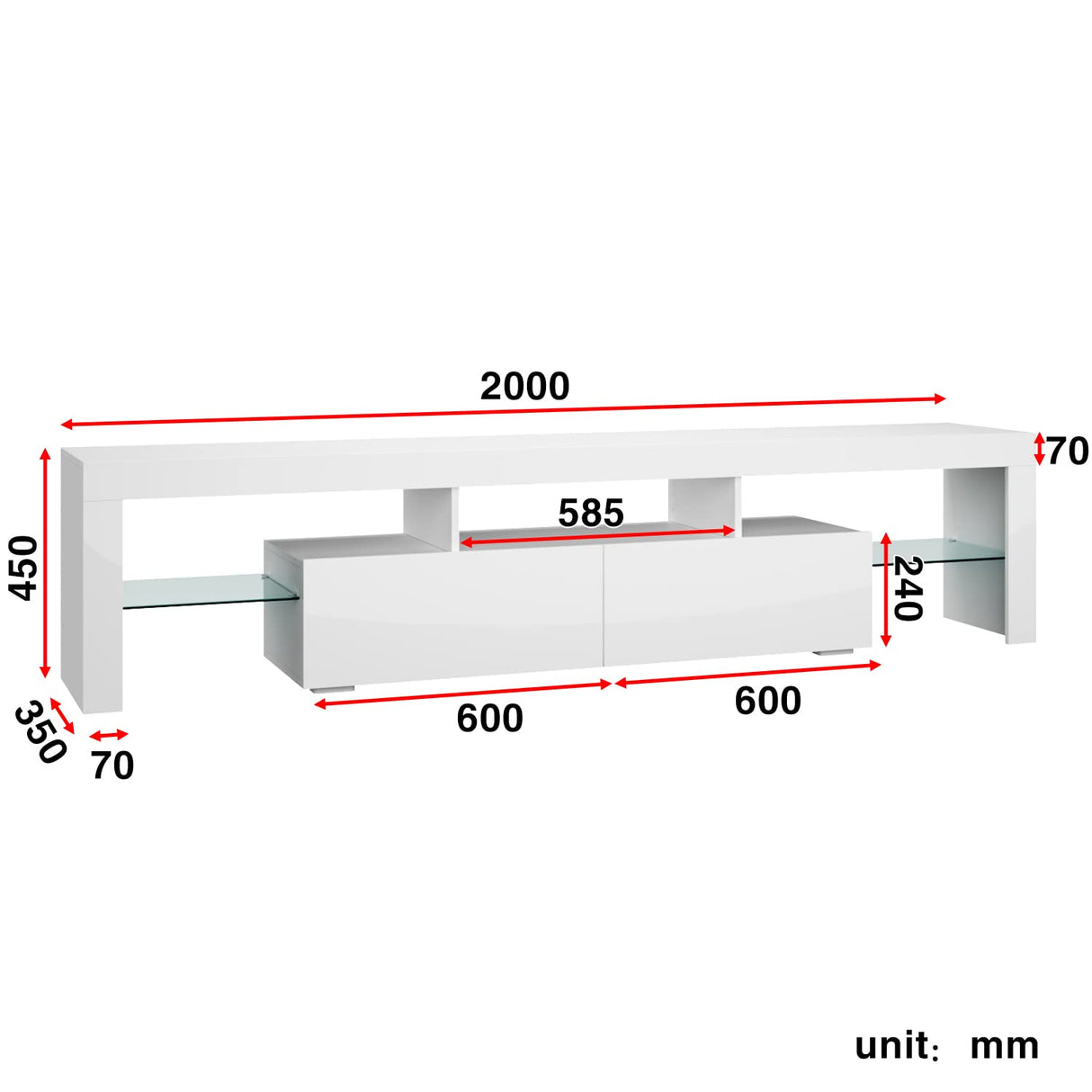 TV Unit Entertainment LED, 200cm TV Cabinet Modern High Gloss TV Unit with 2 Drawers for Bedroom Living Room Home Furniture (White)