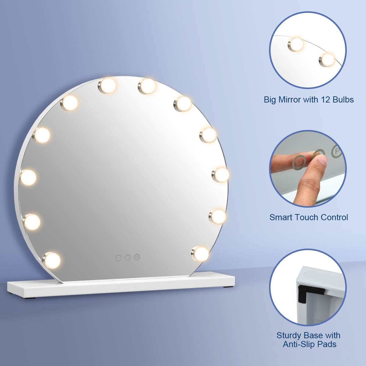 Vanity Mirror with Lights, 24W 19 Inch Hollywood Lighted Makeup Mirror with 12 Dimmable LED Bulbs for Dressing Room, Tabletop