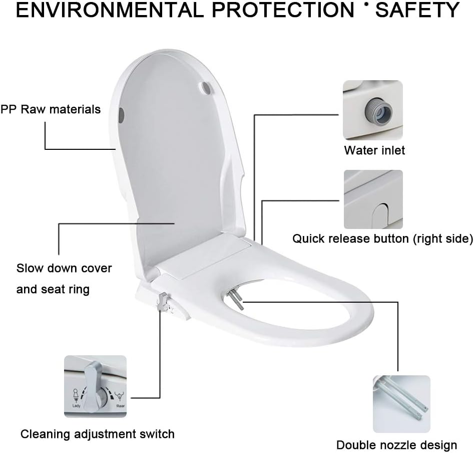 Non Electric Bidet Seat Toilet Seat with Self Cleaning Dual Nozzles Separated Rear & Feminine Cleaning Natural Water Spray, Soft Closed Toilet Seat, Easy DIY Installation (D Shape)