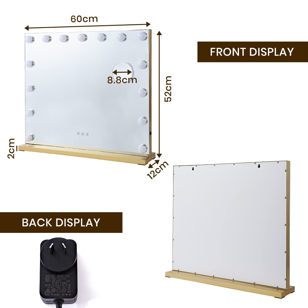 Hollywood LED Mirrors Vanity Makeup Mirror with Lights Stand Wall Mounted, Smart Touch Control Screen, 15 Dimmable LED Light Stable Base Gold, 60x52cm