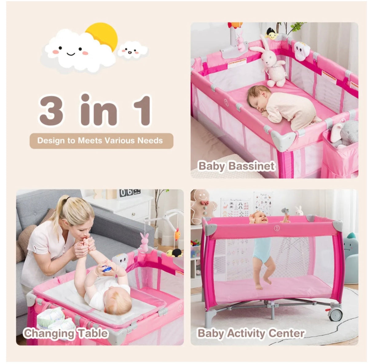 Baby Travel Cot Bassinet 3-in-1 Portable Infant Crib Playpen w/ Mattress Pink