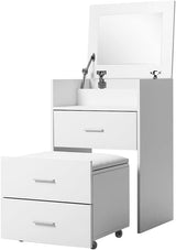 Dressing Table Mirror Foldable Makeup Space with Stool Drawers Vanity Desk, Bedside Home Bedroom Furniture White Girls Kids Women Organisers, 2-in-1 Use