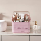 Pink Makeup Organizer Holder Cosmetic Storage Box with Dust Free Cover Portable Handle,Fully Open Waterproof Lid, Dust Proof Drawers,Great for Bathroom Countertop Bedroom Dresser