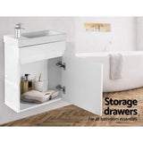 Bathroom Vanity, 400mm Length Unit Table Cabinet Ceramic Basin Sink Wall Cabinets Storage Organiser Home Washroom Toilet Furniture, with 15mm MDF Board Smooth Edges Water-Resistant White