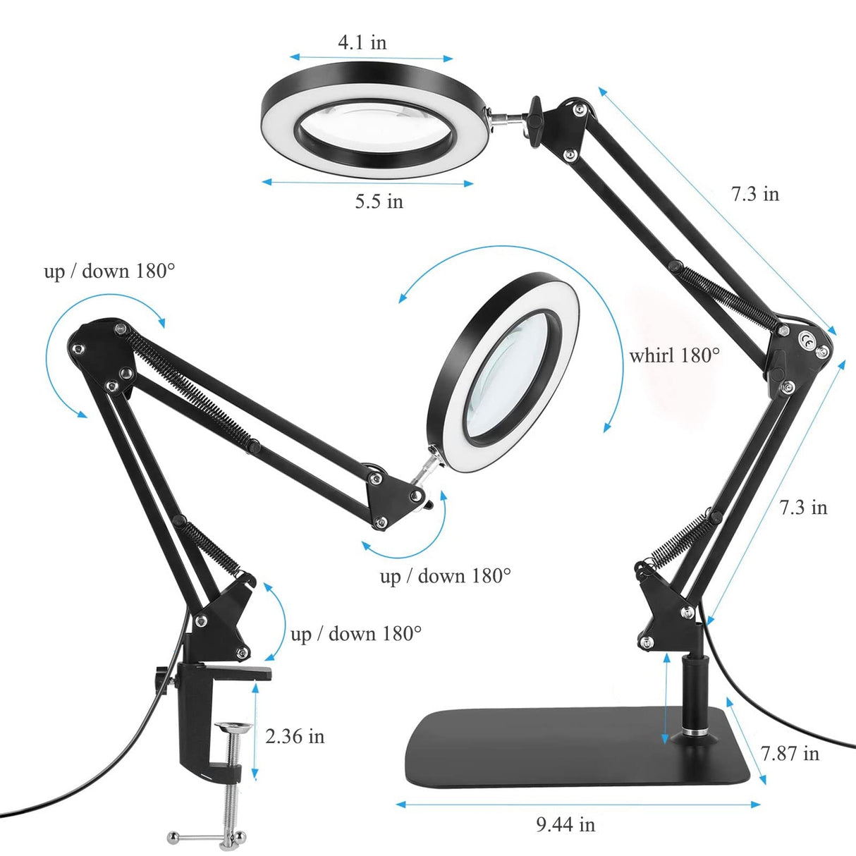 Magnifying Desk Lamp with Base & Clamp, LED Desk Lamp 8X Magnifying Glass, 3 Color Modes, Adjustable Brightness, Magnifier for Repair, Crafts, Soldering