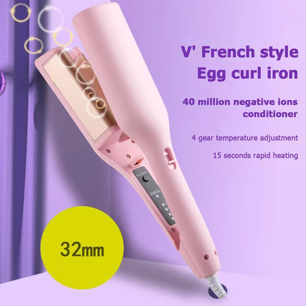 French Wave Curling Iron 32 Mm Simplicity Deep Waves, Romantic French Egg Roll Curling Iron, Hair Crimper, Crimper Hair Tool (Purple)