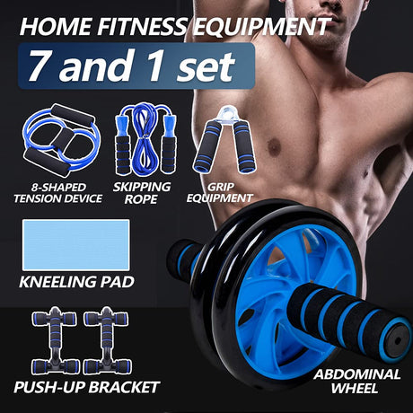 7-in-1 AB Wheel Roller Kit with Push Up brackets Skipping Rope Hand Wrist Developer and Knee Pad for Home Workout - Portable Home Fitness Equipment Push-up Gripper Ab roller For Men abdominal exerciser GYM