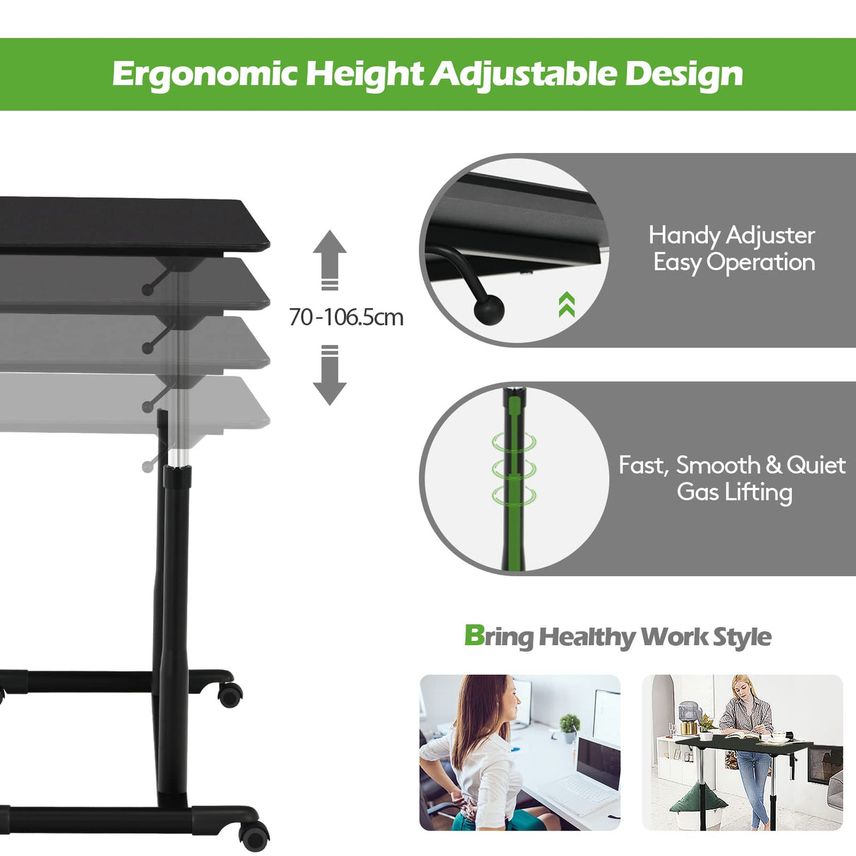 Mobile Height Adjustable Standing Desk, Compact Pneumatic Sit to Stand Up Computer Desk w/Lockable Wheels, Ergonomic Rolling Laptop Table w/Steel Frame for Home Office (Black)