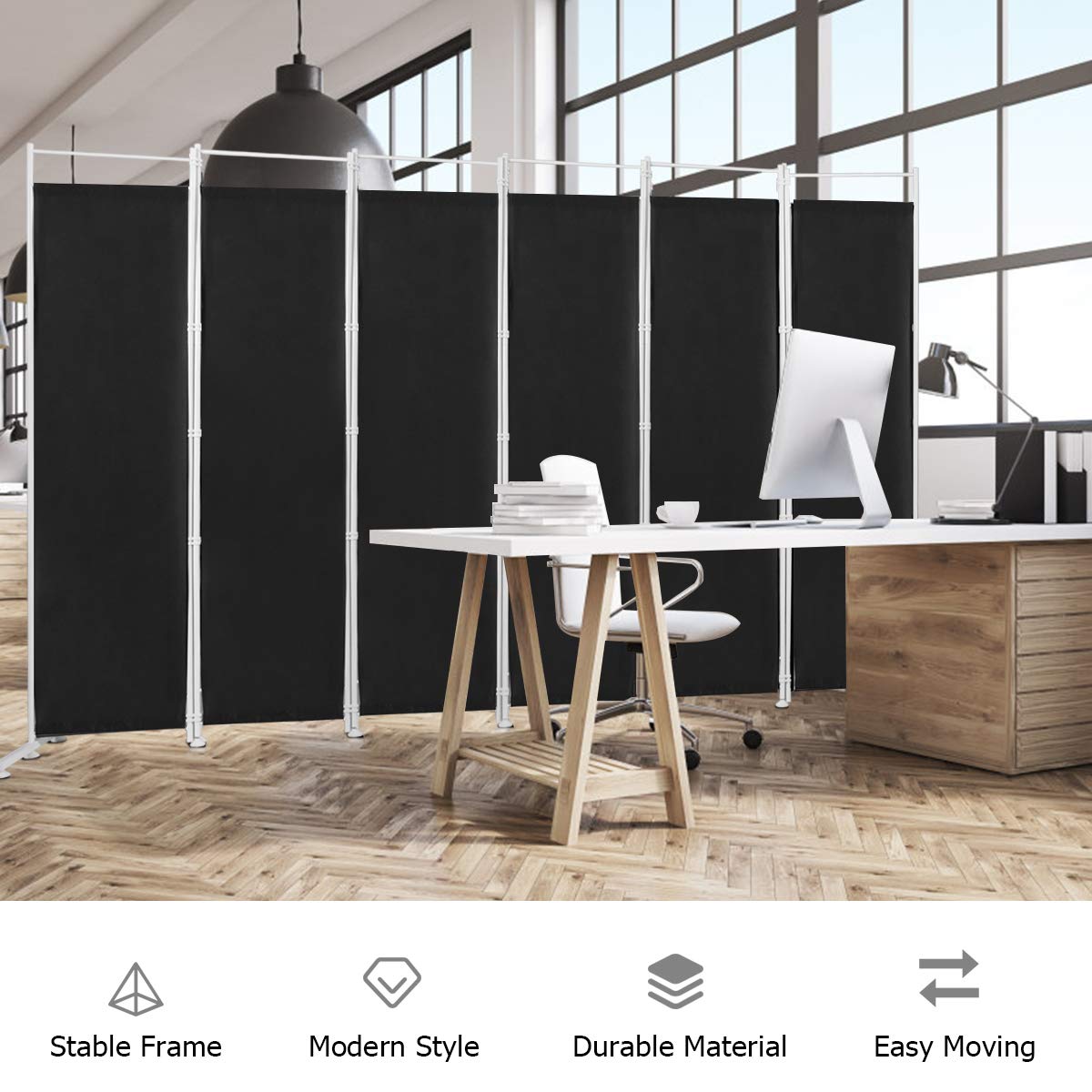 6 Panel Room Divider, 300x180CM Folding Privacy Screen with Steel Frame & Fabric Surface, Standing Wall Separator, Home Office Partition for Bedroom, Living Room, Restaurant