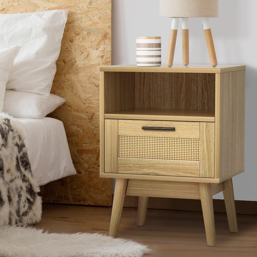 Bedside Table Rattan Bed Side Tables Storage Small Narrow Desk Chest of Drawers, with 1 Drawer and Shelf, Bedroom Furniture Tallboy Lamp Stand Nightstand Cabinet in 54cm Height