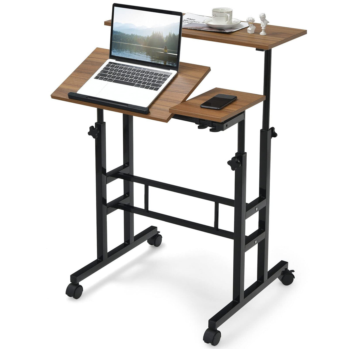 Mobile Stand up Computer Desk, Rolling Standing Laptop Cart with 2 Tilting Desktops, Sitting or Standing Modes, Height Adjustable Home Office Workstation (Walnut)