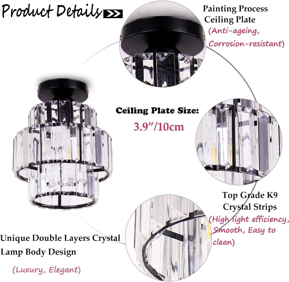 Mini Chandelier Crystal Chandeliers Lighting Flush Mount Ceiling Light Double-Layers Crystal Modern Chandelier Lighting Fixture for Bedroom Hallway Bar Kitchen Bathroom(Black)