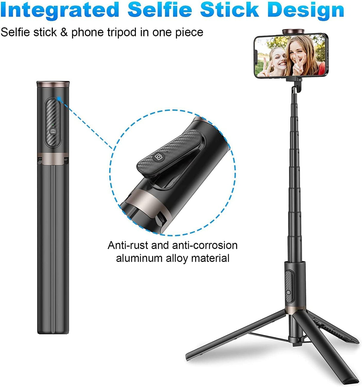 60" Cell Phone Selfie Stick Tripod,Smartphone Tripod Stand All-in-1 with Integrated Wireless Remote,Portable,Lightweight,Extendable Phone Tripod for 4''-7'' iPhone and Android