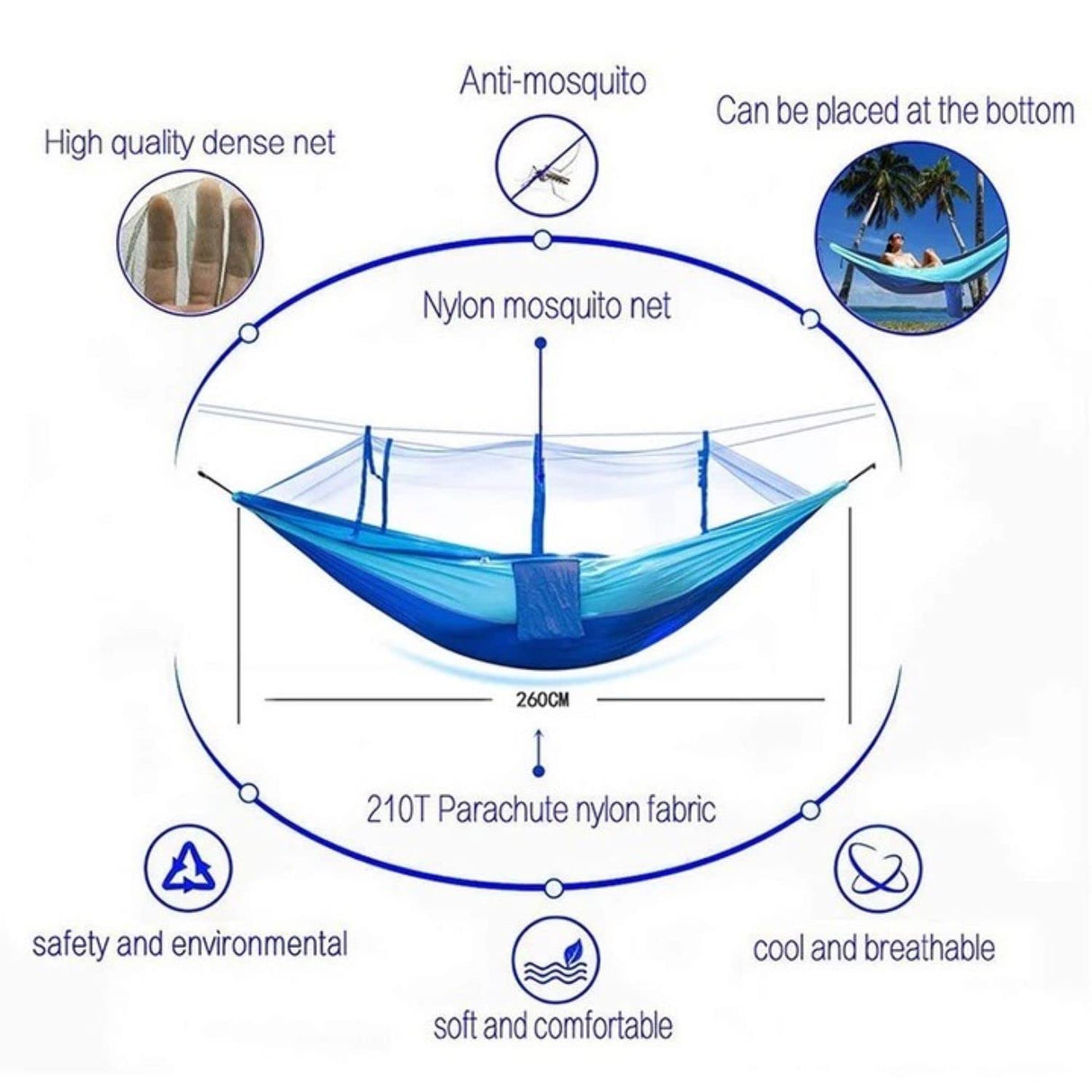 Hammocks with Net, Mosquito Net Hammock for Camping Portable Nylon Hammocks Parachute Lightweight with Tree Straps, Garden Swing Hammock for Outdoor Hiking Travel (Blue&Sky Blue)