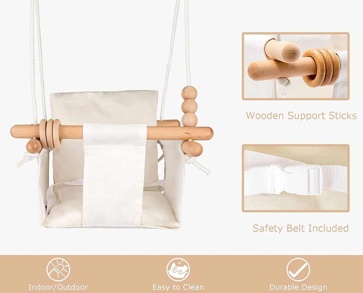 Baby Swing, Baby Seat Swing Canvas, Wooden Hanging Swing Chair for Baby with Safety Belt and Mounting Hardware (White)