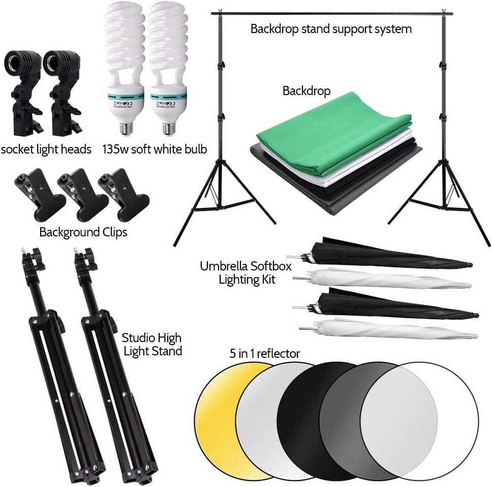 Photography Studio Backdrop Kit 2X 135W Continuous Lighting Kit 4 Umbrellas 4 Backdrops (White,Green,Black,Gray) 2x3m Background Support Stand System