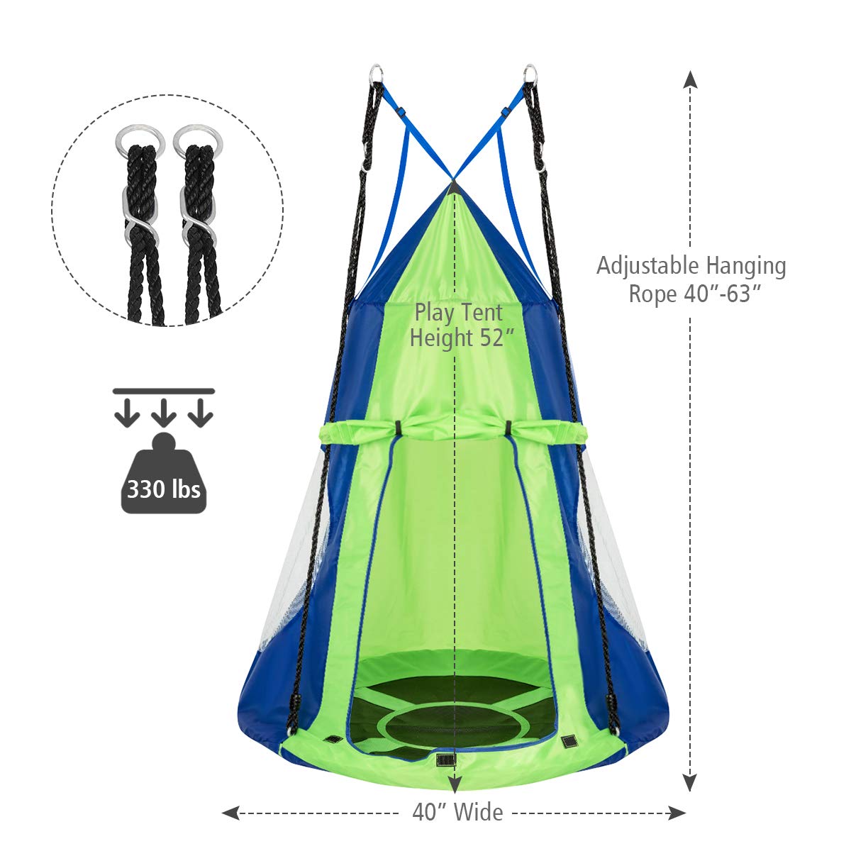 100cm 2 in 1 Kids Detachable Tree Tent Swing Set, Nest Hammock Chair and Swing Seat, Giant Hanging Pod Play House Adjustable Hanging Ropes, 300KG Capacity, Hanging Tree House Tent for Children