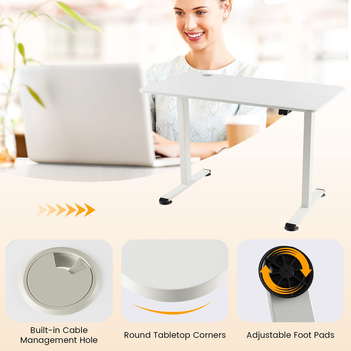 Electric Standing Desk, Ergonomic Stand Computer Desk, Built-in Cable Management Hole, Button Controller, Home Office Height Adjustable Computer Workstation, Anti-Collision Design