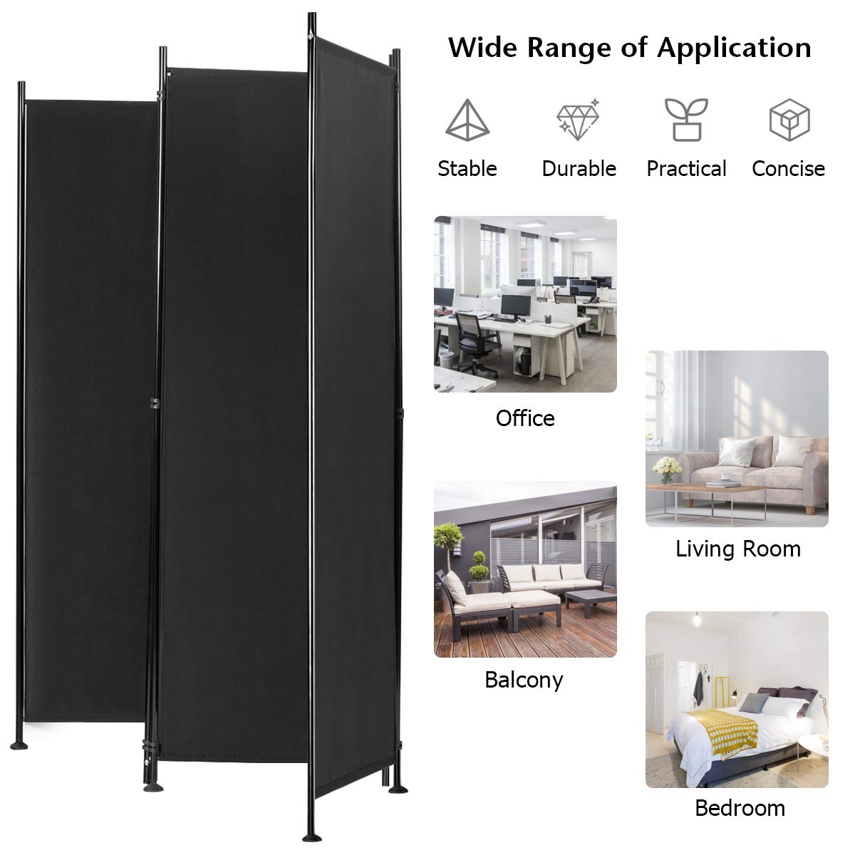 4-Panel Room Divider, Folding Privacy Screen, Portable Fabric Wall Divider and Separator w/Steel Frame, Indoor & Outdoor Freestanding Privacy Protection for Home, Office, Patio (Black)