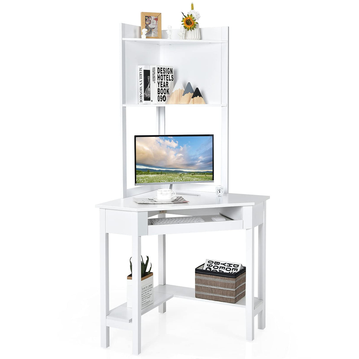 Corner Desk with Hutch, Compact Home Office Desk, Corner Computer Desk, Study and Writing Table w/Keyboard Tray & Bottom Shelves, Space-Saving Laptop PC Desk for Home, Office