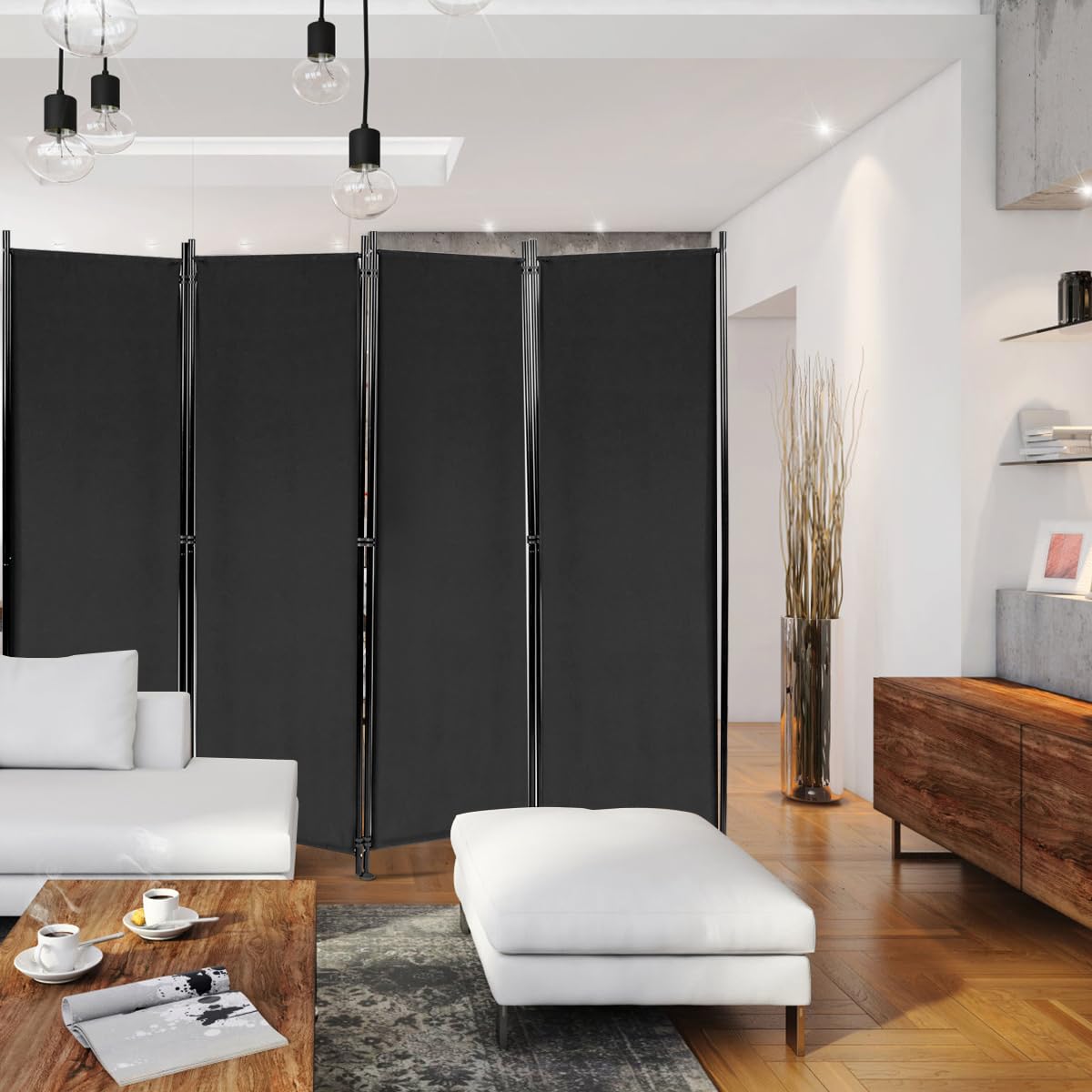 4-Panel Room Divider, Folding Privacy Screen, Portable Fabric Wall Divider and Separator w/Steel Frame, Indoor & Outdoor Freestanding Privacy Protection for Home, Office, Patio (Black)