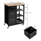 Kitchen Island on Wheel with Storage, Multi-purpose Rolling Cart w/ Rubber Wood Countertop, 3 Drawers, Removable Tray & Open Shelves, Lockable Casters, Mobile Serving Trolley for kitchen, Dining Room (Black)