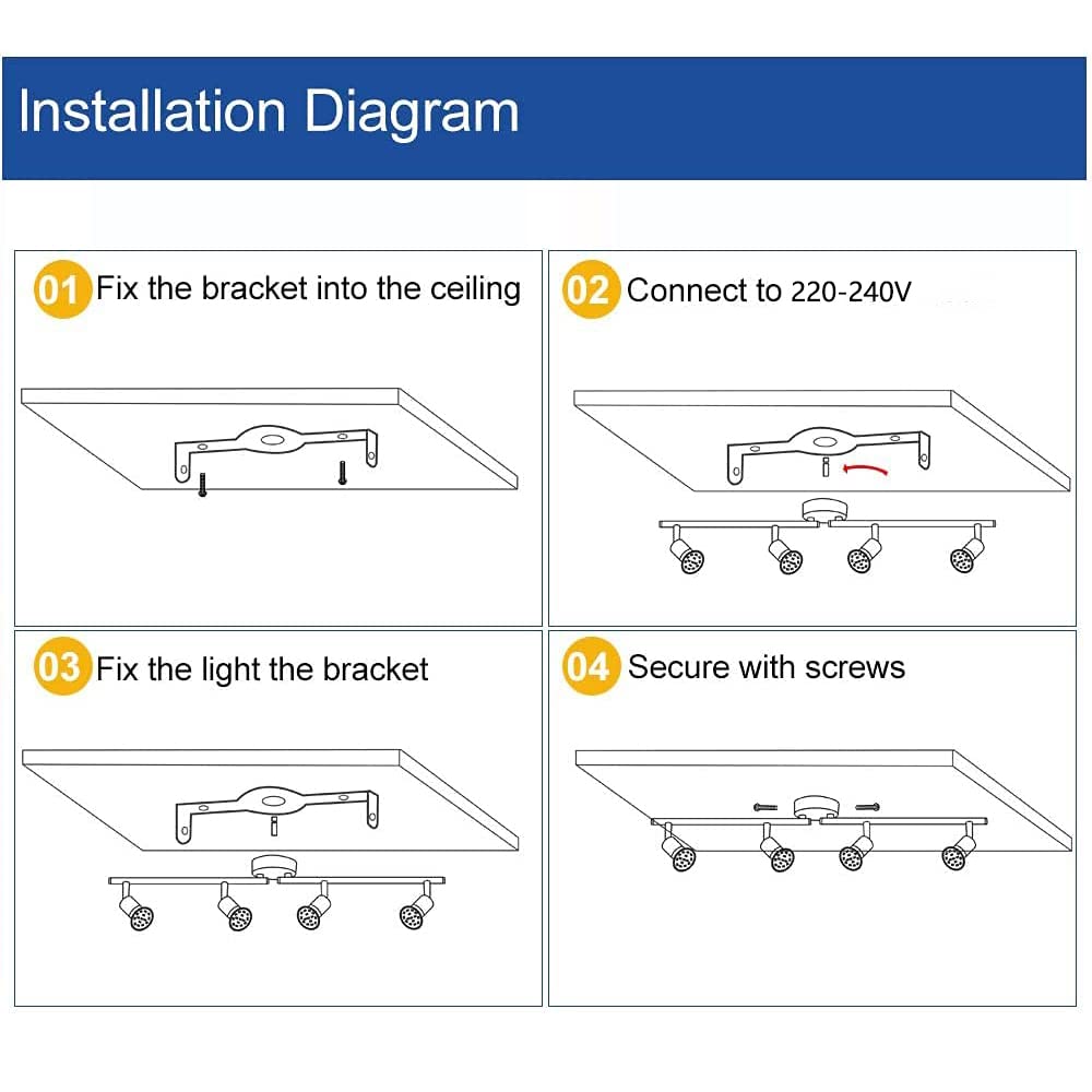 LED Track Light, Track Lighting Fixtures Ceiling, Flexibly Adjustable LED 4 Lights Track Lighting Kit for Kitchen, Living Room, Bedroom, Hallway GU10 Bulbs Included