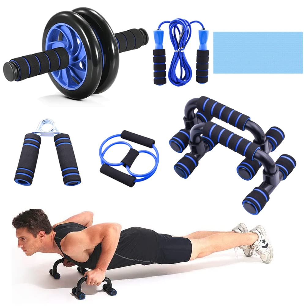 7-in-1 AB Wheel Roller Kit with Push Up brackets Skipping Rope Hand Wrist Developer and Knee Pad for Home Workout - Portable Home Fitness Equipment Push-up Gripper Ab roller For Men abdominal exerciser GYM