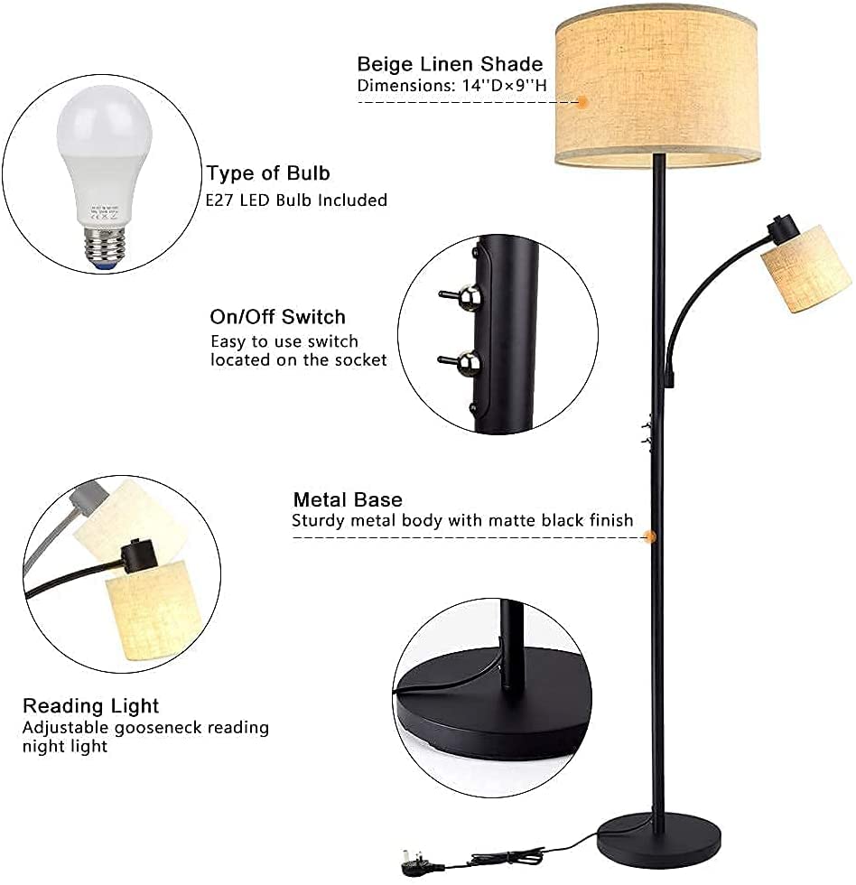 LED Floor Lamp for Reading, Standing Lamp with Adjustable Side Light