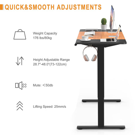 Electric Height Adjustable Standing Desk 140x60cm (55.1"x23.6"), Sit Stand Desk with Splicing Top for Home Office (Black Frame, Black + Cherry Desktop)