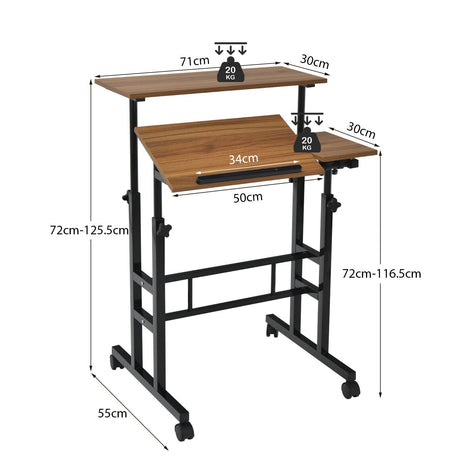 Mobile Stand up Computer Desk, Rolling Standing Laptop Cart with 2 Tilting Desktops, Sitting or Standing Modes, Height Adjustable Home Office Workstation (Walnut)