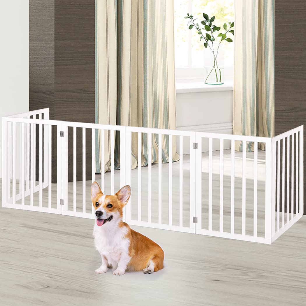 Wooden Pet Gate Dog Fence Retractable Safety Stair Barrier Security Door (White-282cm x 60.5cm x 1.8cm)