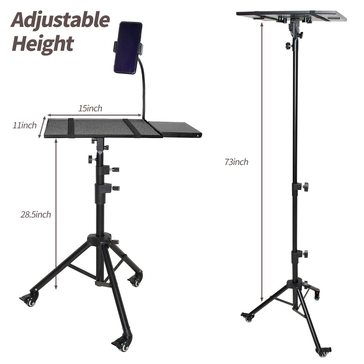 Universal Projector Stand Bracket with Wheels- - Laptop Tripod Adjustable Height 28.5 to 73 Inch with Removable Mouse Tray and Phone Holder, DJ Racks ，Outdoor Movies or Computer Desk Stand