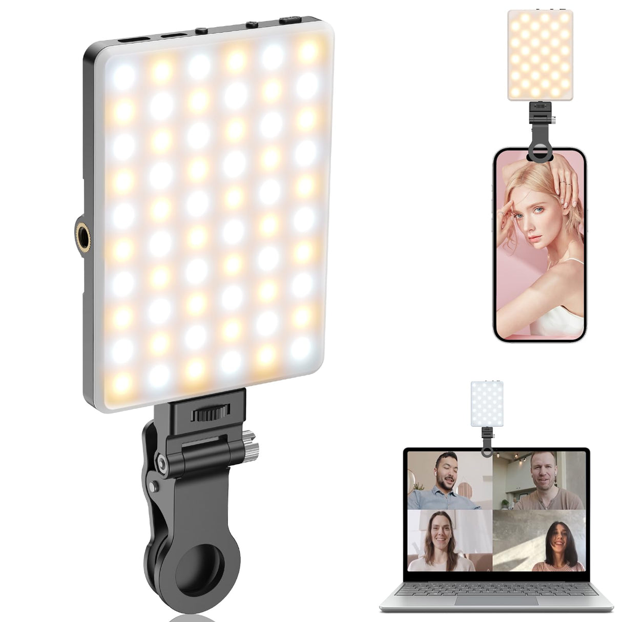 Portable Selfie Light,Rechargable 60 LED Phone Light with Clip & Double 1/4" Screw Hole,2500k-9000K Dimmable Camera Light for iPhone,Android,Laptop,Tablet,Selfie/Video Conference