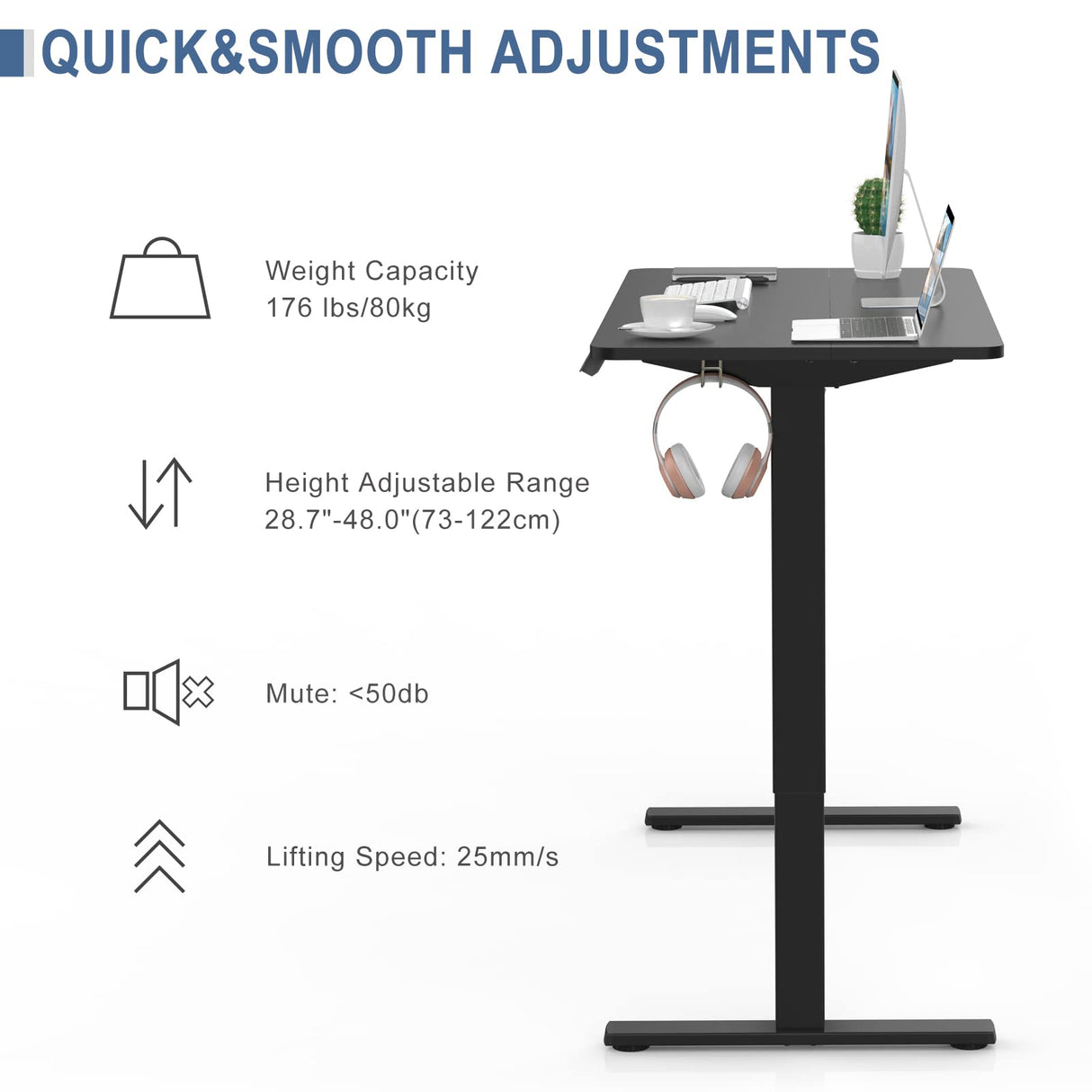 Electric Height Adjustable Standing Desk 110x60cm (43.3"x23.6"), Sit Stand Desk with Splicing Top for Home Office (Black Frame + Black Desktop)