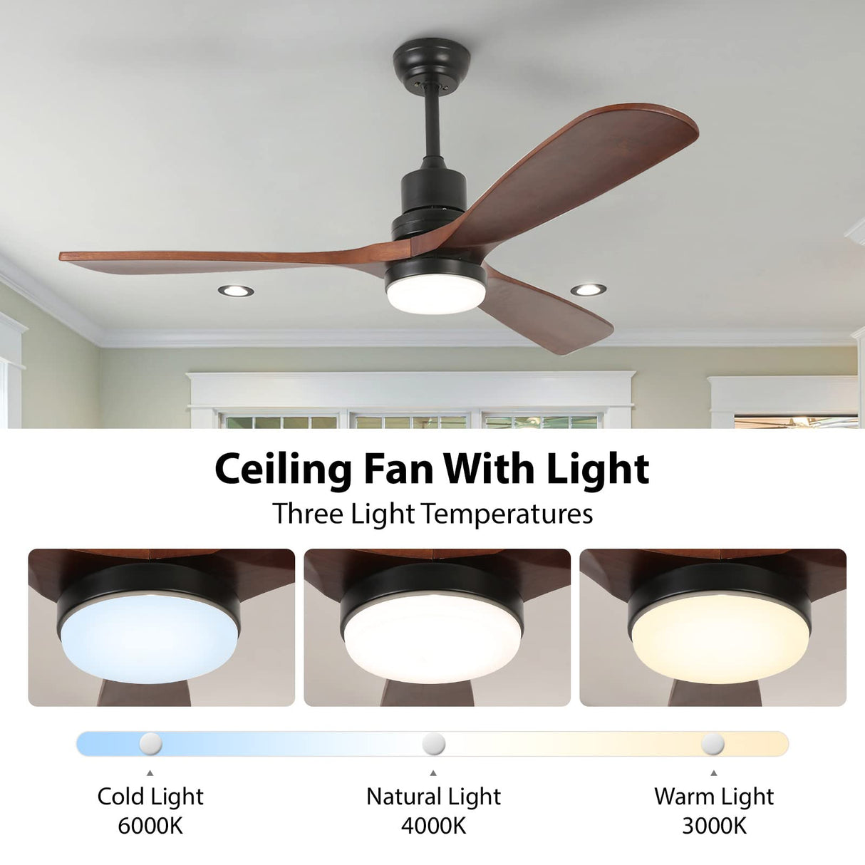 52" Ceiling Fan with Light Remote Control, DC Motor Outdoor LED Modern Smart Ceiling Fans, Wood Walnut Blades, Noiseless Reversible 6-Speed Motor for Bedroom, Garage, Patios, Kitchen, Farmhouse