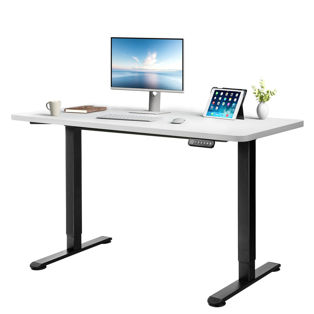 Electric Standing Desk, 120 X 60cm Height Adjustable Sit Stand Desk, 4 Height Memory Home Office Desk, Whole Piece Computer Workstations with Telescopic Frame (Black Top + White Frame)